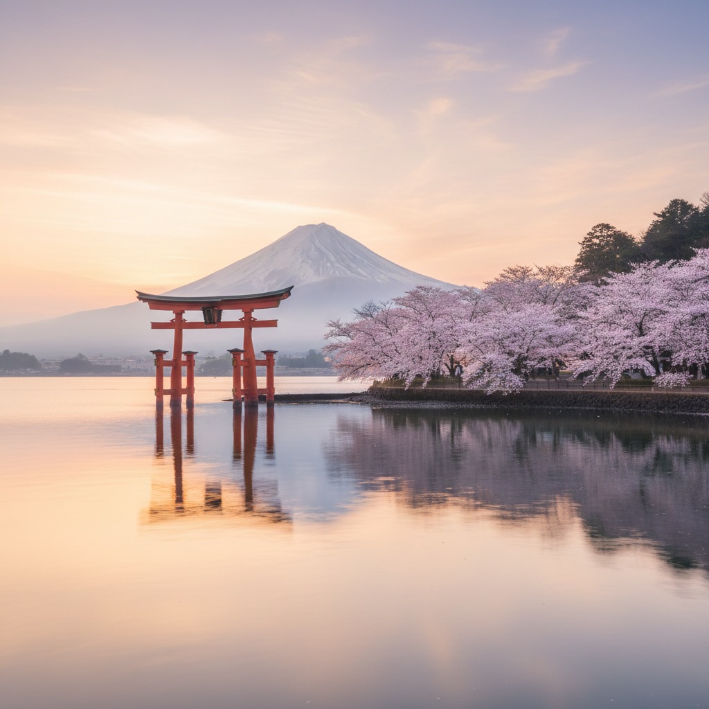 Een rode torii-poort staat in een kalm meer, met op de achtergrond de besneeuwde berg Fuji tijdens de zonsondergang en bloeiende kersenbomen langs de oever.